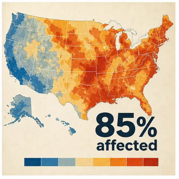 US hard-water map showing 85% of households affected