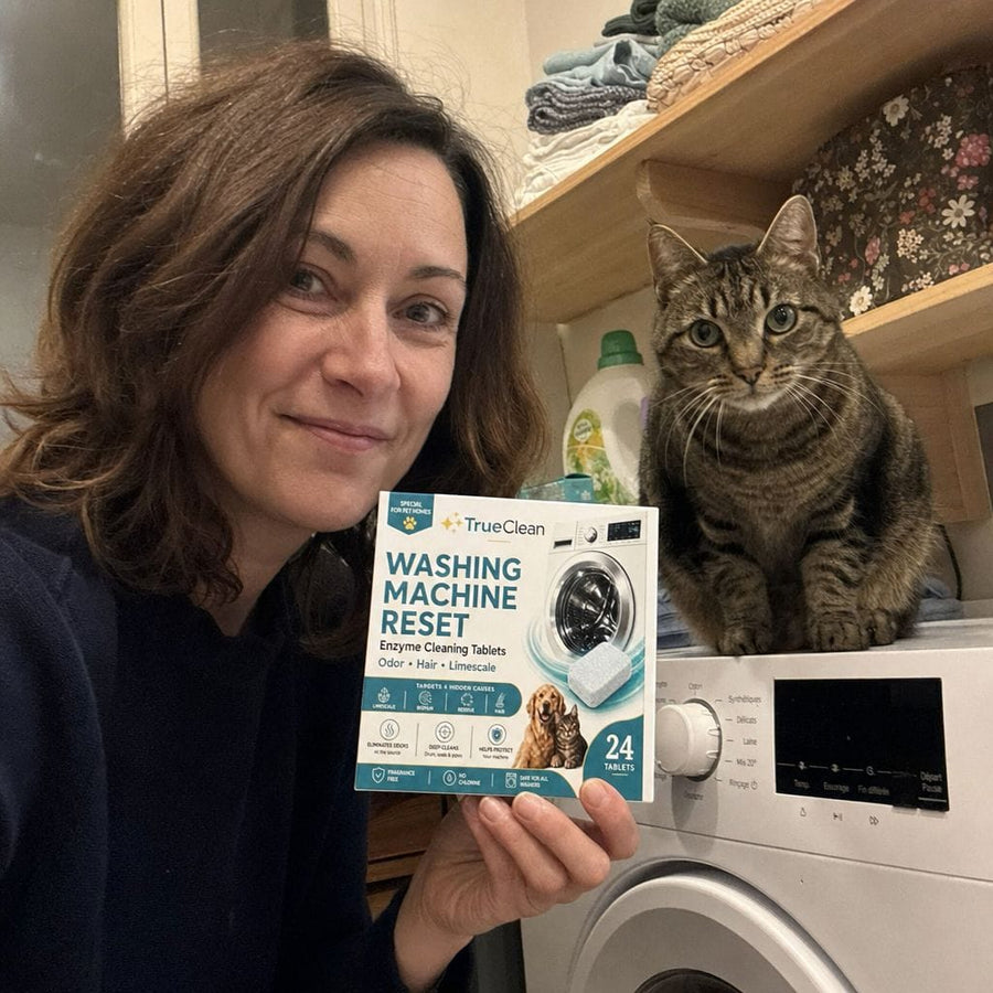 TrueClean customer holding Washing Machine Reset pack