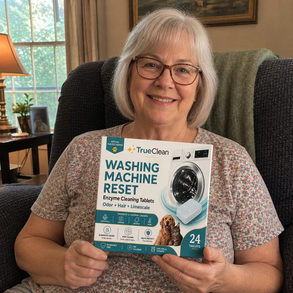 Older customer holding TrueClean Washing Machine Reset box