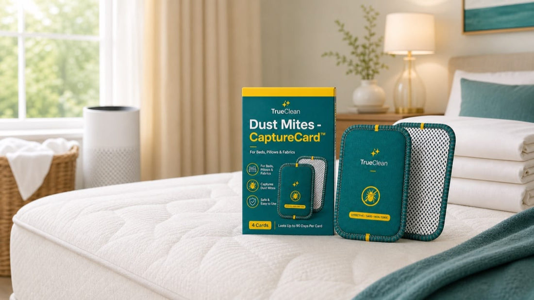 TrueClean CaptureCards on a clean mattress beside fresh sheets