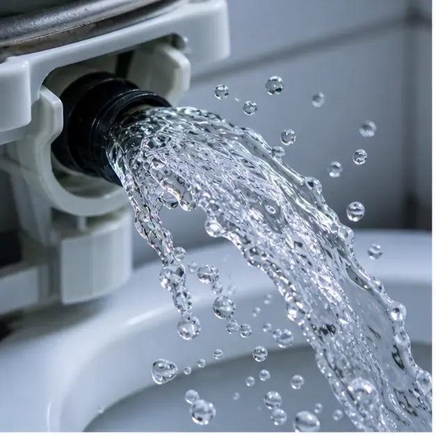 thumbnail — water flushing from a tank into a bowl, slow-motion droplets. The water itself is the subject, not the toilet.