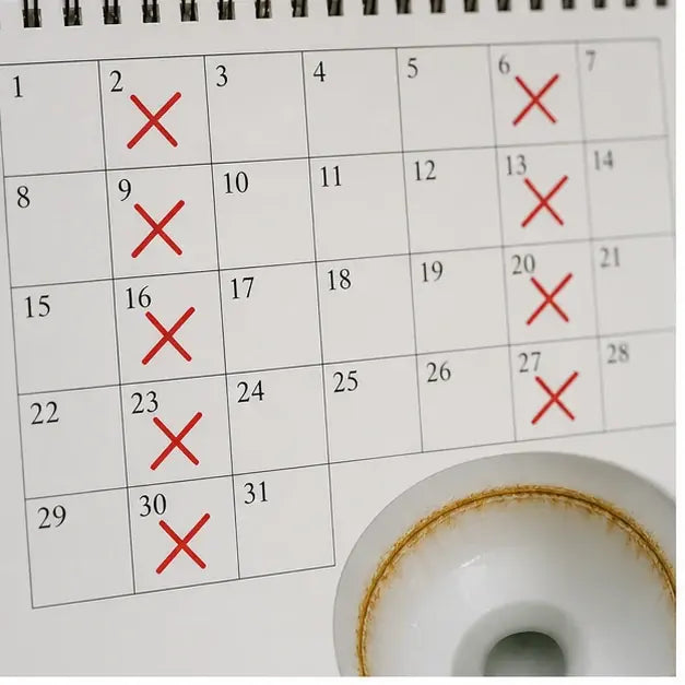 thumbnail — calendar showing scrub days marked with X's, ring reappearing every few days.