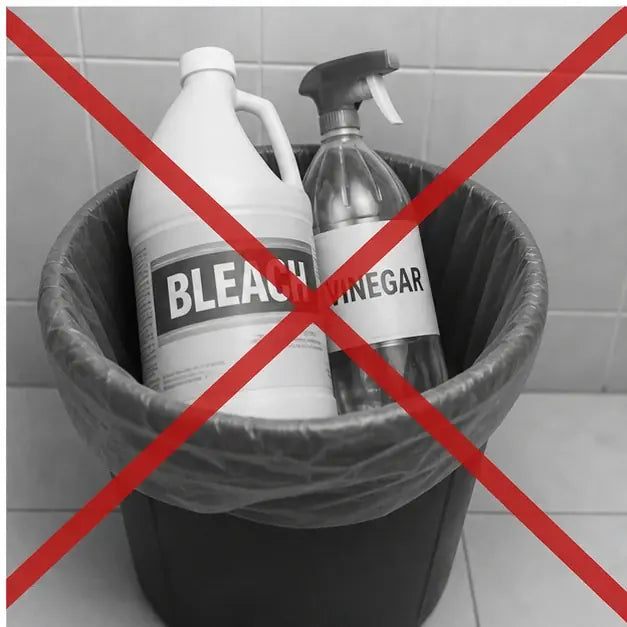 thumbnail — bleach + vinegar bottles in the trash with a red strike — these aren't reaching the source.