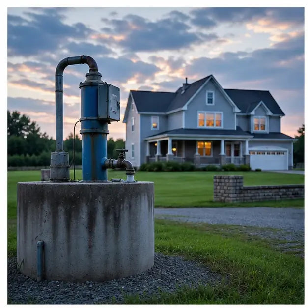 thumbnail — rural well or pump fixture, suburban home in background.