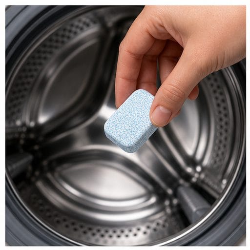 Drop one tablet into an empty washer drum