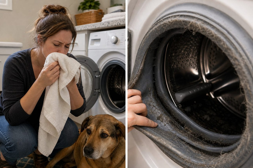 A pet owner smelling a still-musty towel beside a washer full of hidden pet hair and gunk