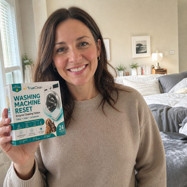 TrueClean customer holding the Washing Machine Reset box at home