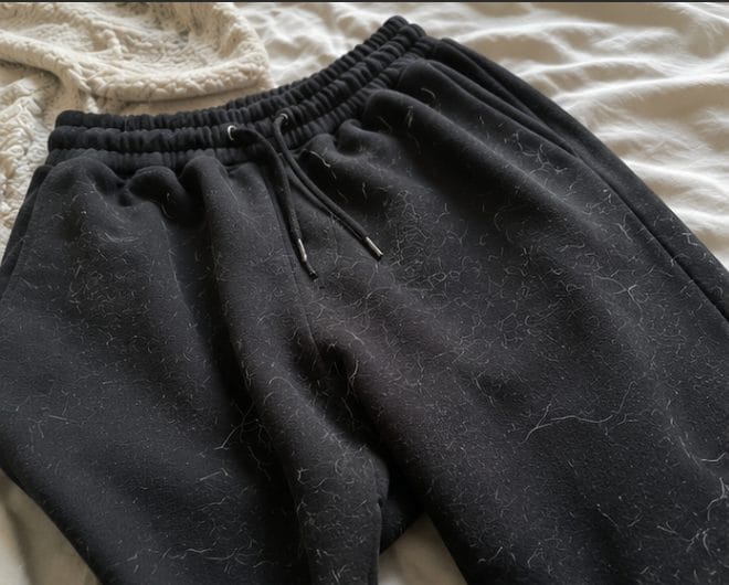 Black pants on a bed covered in pet hair after washing