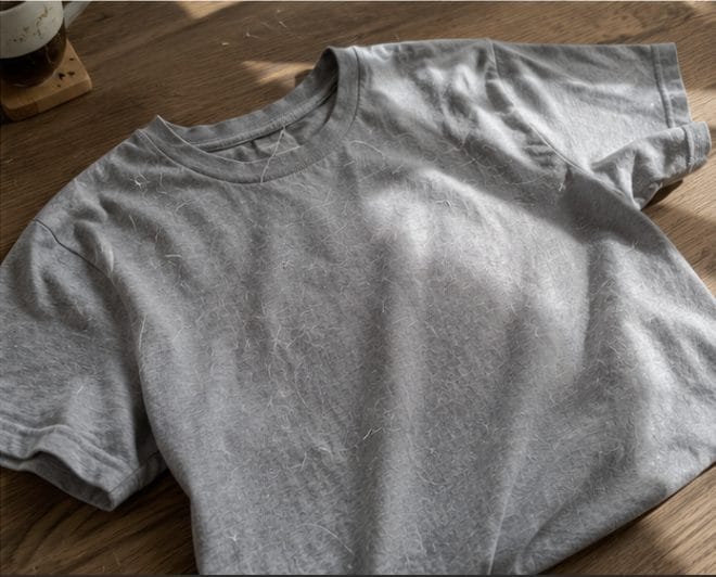 Gray shirt on a table covered with pet hair