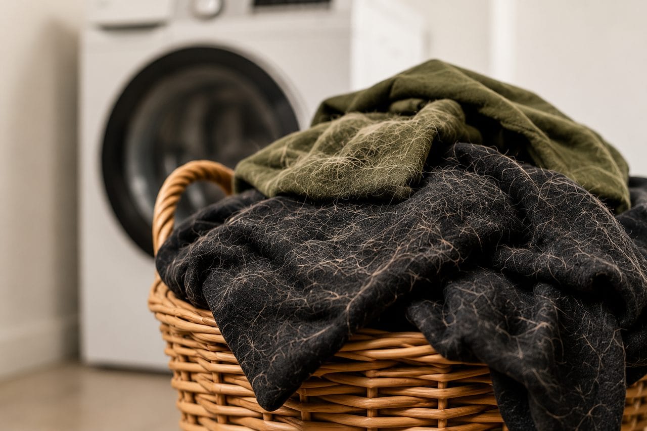 Basket of dark clothes covered in pet hair in a laundry room