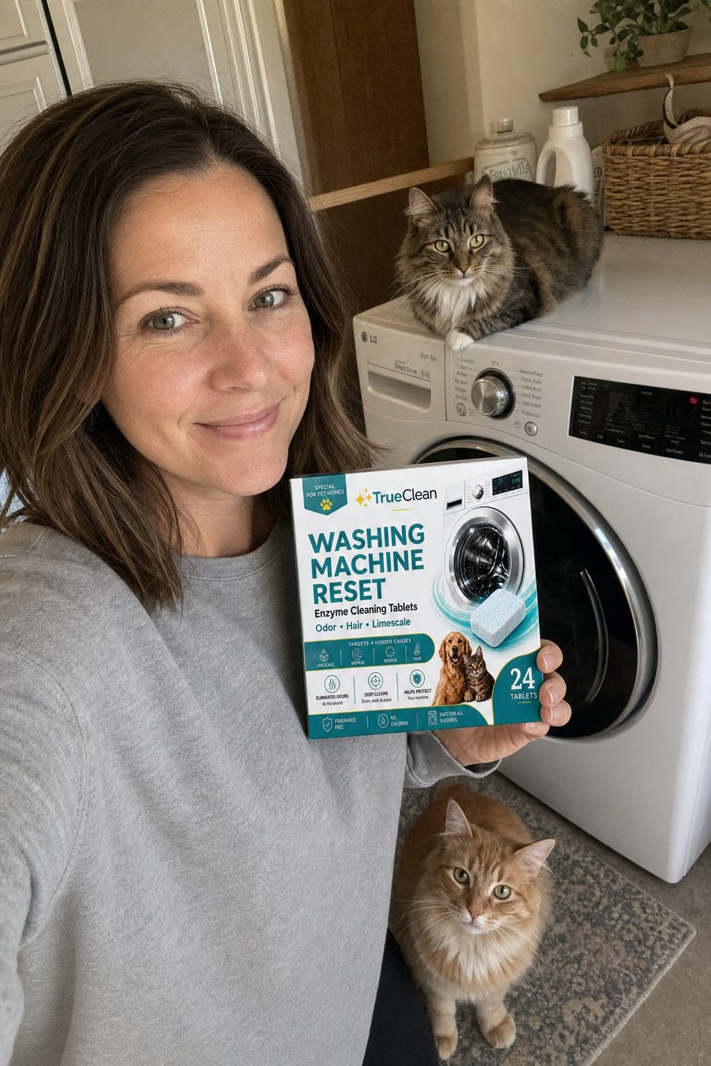Megan holding TrueClean Washing Machine Reset in her laundry room