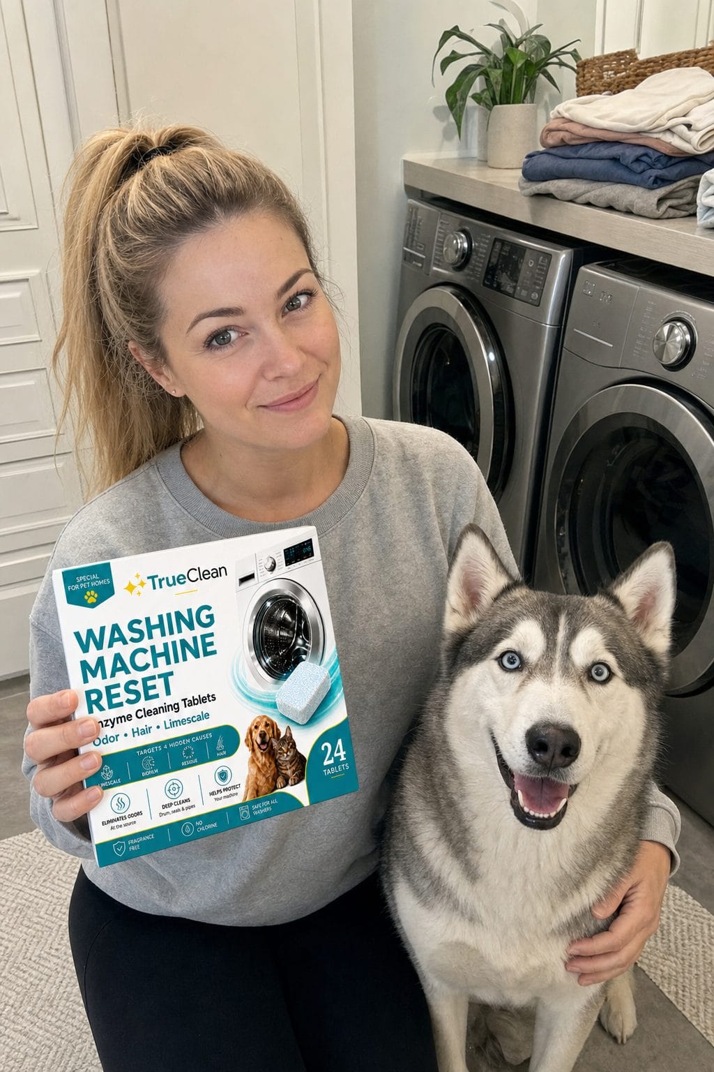 Rebecca holding TrueClean Washing Machine Reset in her laundry room