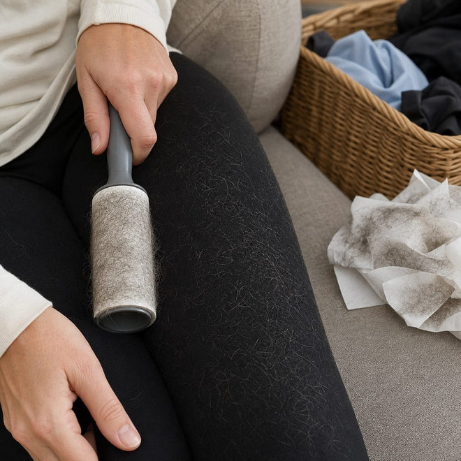 Lint roller sheets covered in pet hair next to black leggings
