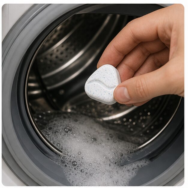Washer cleaner tablet dropped into washer drum
